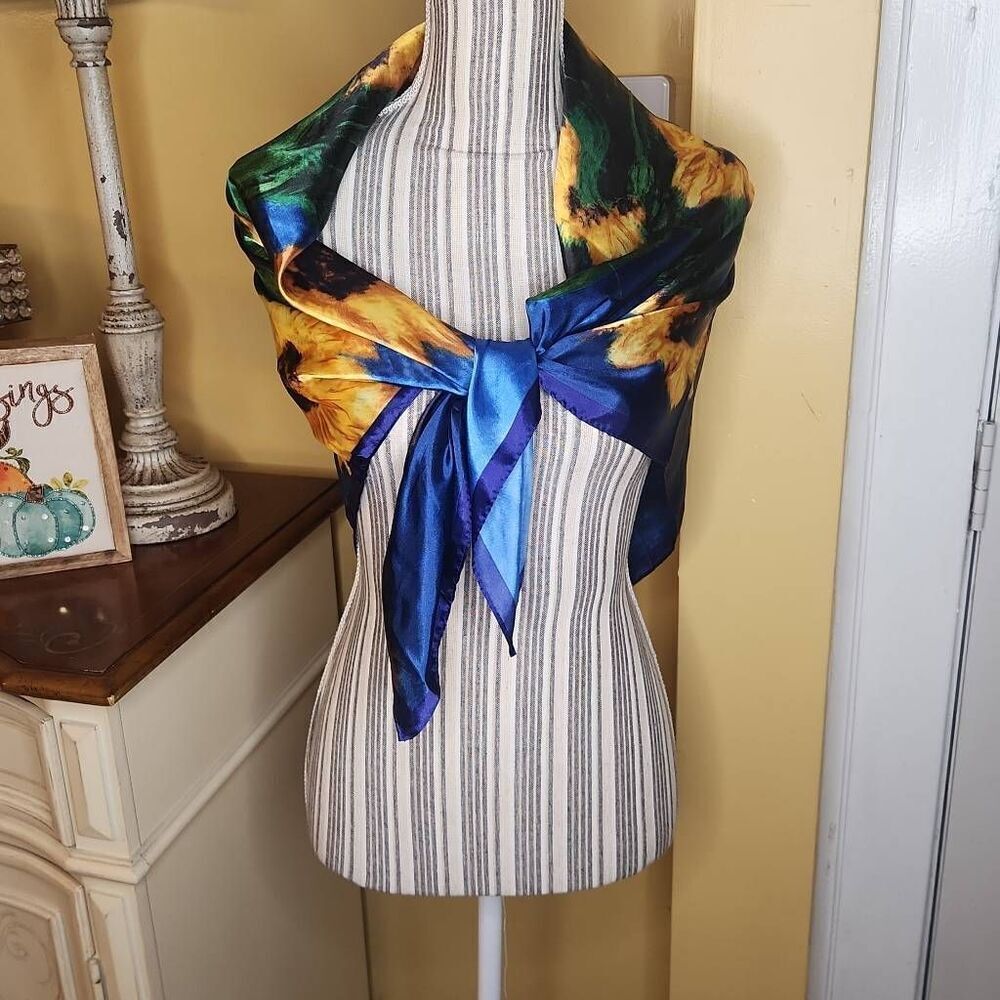 Blue and yellow sunflower print silk scarf